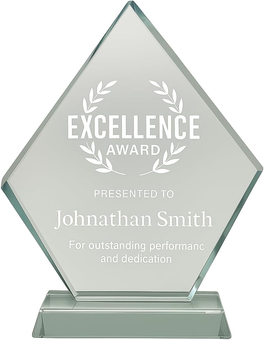 Custom Engraved Diamond Shape Crystal Award Trophy – Personalized Plaque with Text & Logo – Employee Recognition, Retirement, and Appreciation Gifts