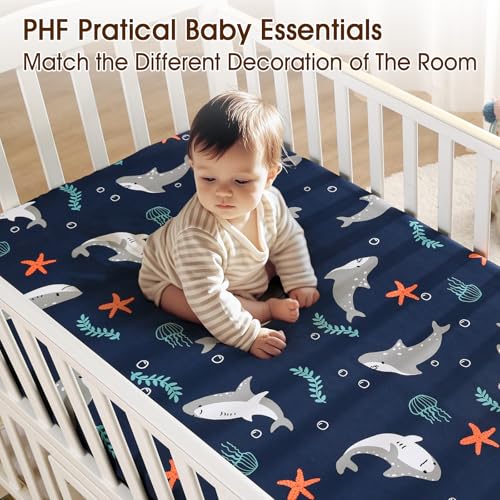 Image of PHF 3 Pack Soft Shark Crib Sheets Fitted, Comfy Breathable Baby Sheets for Boys, 28x52 Inches Fits Standard Crib and Toddler Mattresses, Shark