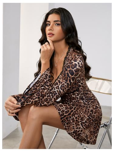 MakeMeChic Women's Leopard Print Dress Bell SleeveLace Trim Sweetheart Short Dresses Cheetah Print Dresses3