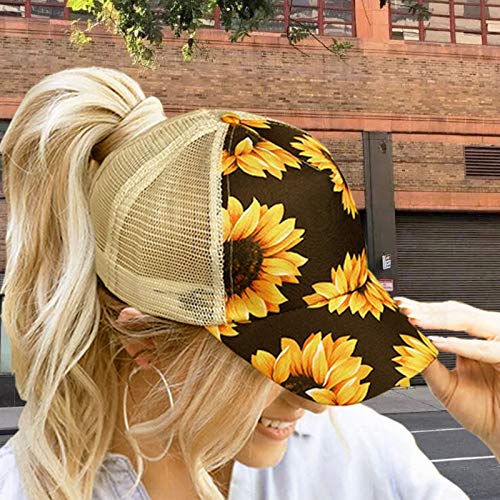 Sunflower Unisex Baseball Cap Mesh Splicing Criss Cross Design Ponytail Hollow Out Sun Hat Sunflower Hat Adjustable Distressed Vintage Dad Hat Trucker Polo Hat Strapback Cap Off-White #TOP4
