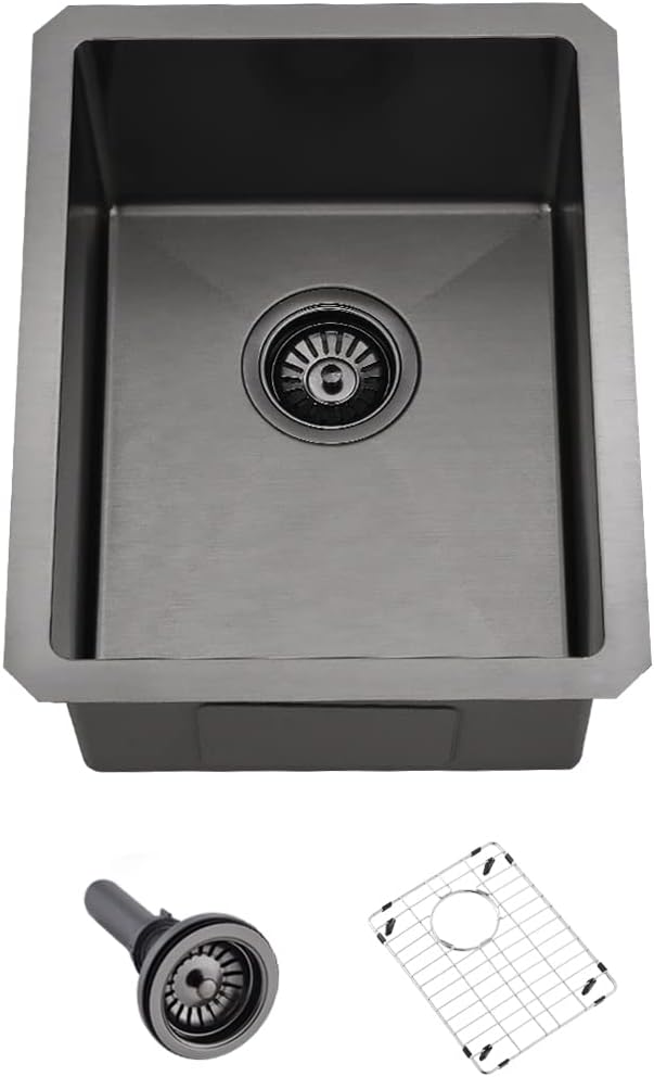 Black Bar Sink Undermount-Hovheir 12x16 Small Kitchen Sink Undermount Bar Sinks 16 Gauge Black Stainless Steel Single Bowl Wet Rv Sinks with Bottom Grid