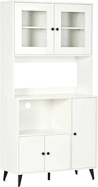 HOMCOM Freestanding Kitchen Cupboard, Modern Kitchen Storage Cabinet with Doors and Adjustable Shelves, 180cm, White
