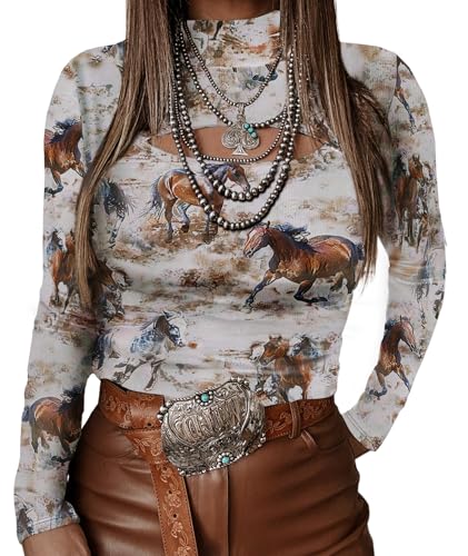 Urchics Womens Long Sleeve Shirts Western T-Shirt Slim Fit Hollow Out High Neck Y2k Tops Tee