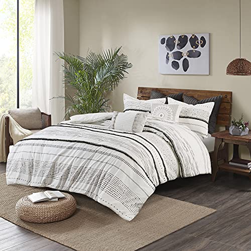 Image of INK+IVY Luxurious Cotton-Bedding Set - Mid Century Trendy Geometric Design, All Season Cozy-Cover With Matching-Shams, Full /Queen, Nea Trims Black /Multi