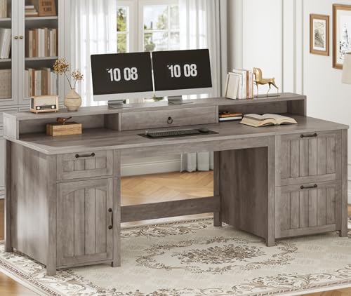 SEDETA Farmhouse 63" Executive Desk, Wood Computer Desk with Drawers and Storage Cabinet, Home Office Desk with File Drawer and Monitor Stand, Wood Desk for Work Study Writing, Grey - Image 4