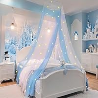 Eimilaly Two-tone Bed Canopy Stars Glow in the Dark White Blue, Mosquito Net Bed Canopy for Girls Room Decor, Single Door