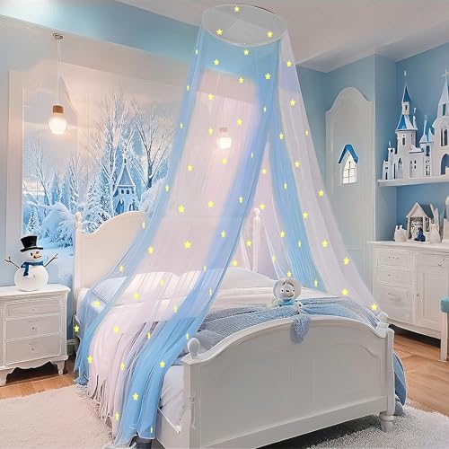 Image of Two-Tone Bed Canopy Mosquito Net, Bed Canopy for Girls Room Decor - Insect Protection Hanging Canopy for Indoor(White+Blue,Stars Glow in the Dark)