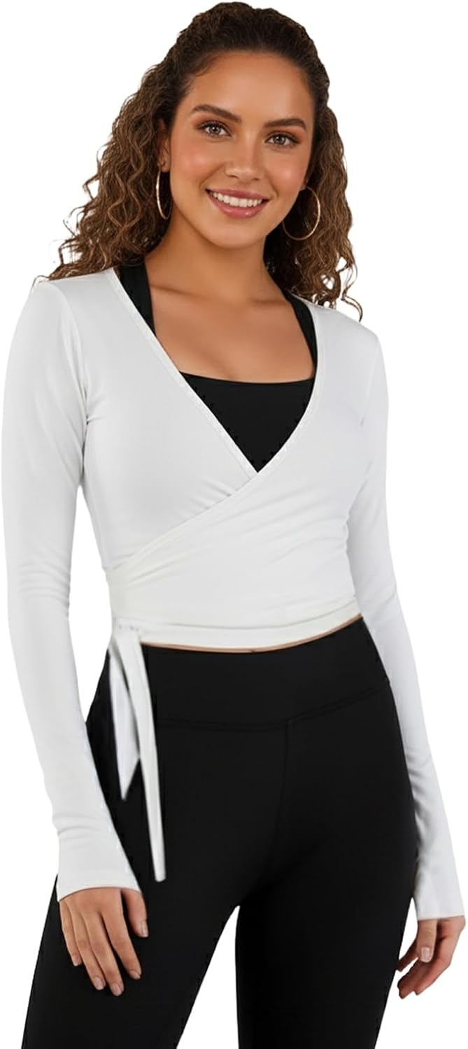 Women Ballet Pilates Wrap Tops Long Sleeve Tie Front Crop Shirts Y2K Dance Workout Yoga Going Out Tops