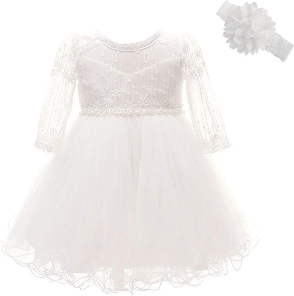 Christening Baptism Dress Princess Wedding Special Occasion Long Sleeves Dress White 12M/10-14month