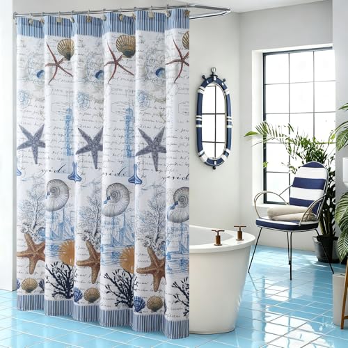 Coastal Shower Curtain Beach Themed, Nautical Ocean Decor with Lighthouse,
