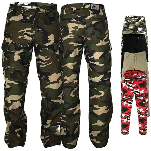 German Wear Motorradhose Herrren - Motorradjeans mit 2 CE-Protektoren - Bikerjeans futter aus Aramid-Kevlar-Stoff verstärkt - Cargohose rutsch- & brandfeste Jeanshose mit 6 Taschen Grün/Camo - 34W / 3