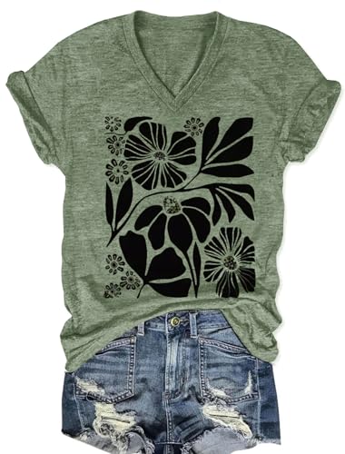 Boho Tops for Women Retro Floral Graphic Tees Casual Summer Basic Vacation Tops Trendy Short Sleeve T Shirt (Green S)