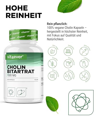 Cholin Kapseln - 365 Kapseln mit 1500 mg Cholin Bitartrat pro Tagesdosis - Über 6 Monate Reichweite - Leber, Homocystein & Fettstoffwechsel - Natürlich, hochdosiert, vegan