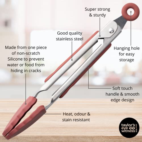 Taylors Eye Witness 2 Small Steel Baked Clay Silicone Tongs - Dishwasher Safe. Sturdy Build, Non-Scratch Heads, Convenient Lock Mechanism. Odour, Stain & Heat Resistant (260C/500F). 5 Year Guarantee - Image 4