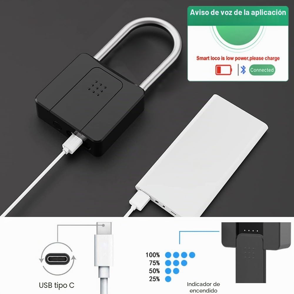 Candado largo eLinkSmart, candado con aplicación de huellas digitales, candado pesado con llave, grillete largo de 60mm, registro de desbloqueo, resistente al agua, autorización remota, USB Tipo-C