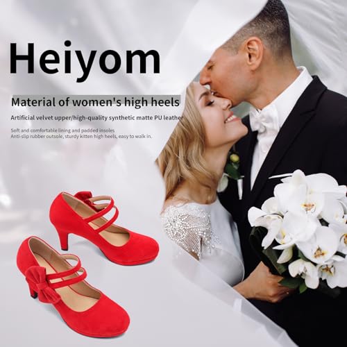 Women's Mary Jane Bow Heels Pumps Round Closed Toe Kitten Heel Double Ankle Strap Wedding Office Work Dress Shoes Red Velvet-46US 113