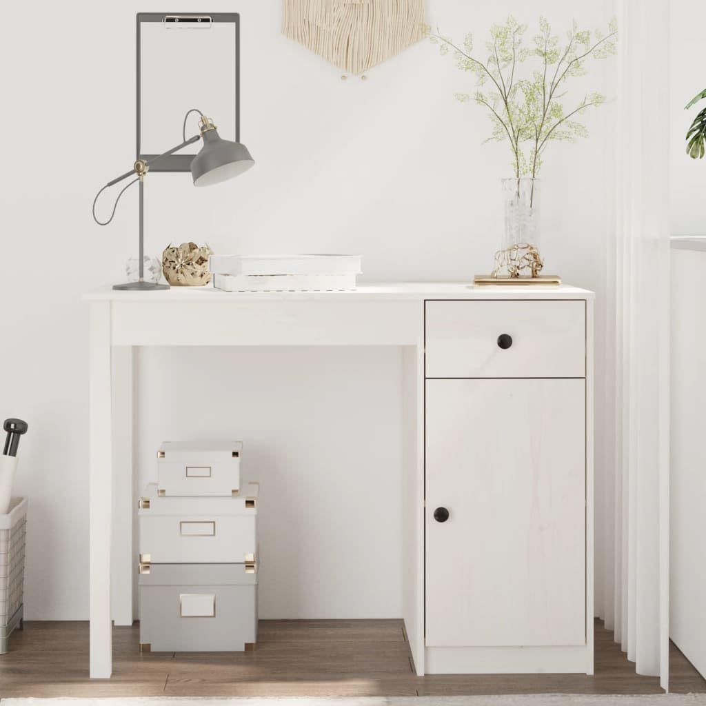 Escritorio blanco 100 x 50 x 75 cm de madera maciza de pino con cajón y armario, amplia superficie de trabajo para ordenador y libros, ideal como mesa de ordenador o mesa de trabajo