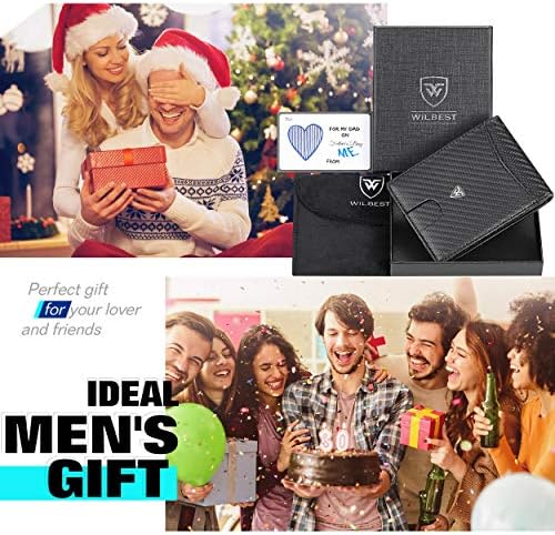wilbest® Wallet Mens, Leather Wallet, RFID Blocking Wallets Mens with Money Clip, Coin Pocket, Credit Card Holders & ID Window. Slim Bi-fold Carbon Fibre Wallet for Men Gents with Gift Box - Black