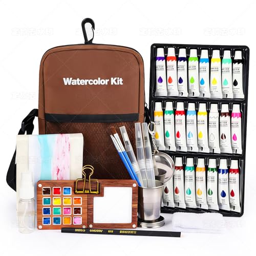 Mini Watercolor Paint Set, Premium Pocket Watercolor Travel Kit, With 24 Watercolor Paints, 15-Grid Black Walnut Palette, Crossbody Bag, Oil Painting Paper Sketchbook, Ideal for art lovers