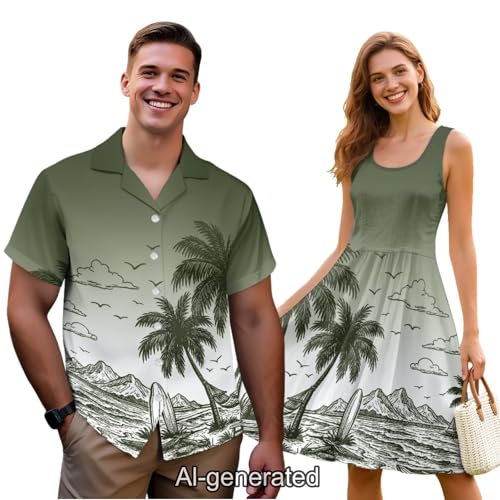 Image of Dreaweet Summer Dresses for Women A-Line Sleeveless Flowy Sun Dresses,Men's Casual Button-Down Shirts,Couple Matching Outfits
