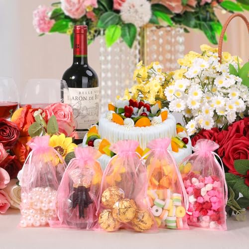 Image of Hopttreely 100pcs Pink Organza Bags Large, 6 x 9 inch Drawstring Gift Pouches Mesh Party Favor Bags for Christmas Wedding Baby Shower