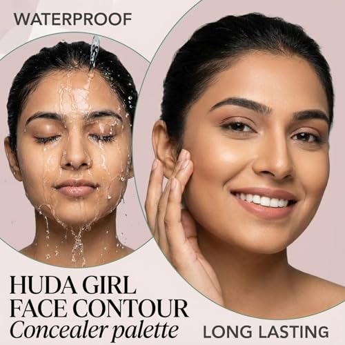 Image of HUDA GIRL Natural 5-Shades 3in1 Contour, Highlighter and Concealer Palette with Brush, 24Hrs Waterproof Formula with Orange for Dark Circles, Oil Control for Face Makeup Kit for Women