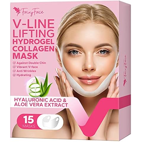 FairyFace V Line Shaping Face Masks (15 Count), Double Chin Reducer, Lifting Hydrogel Collagen Mask with Aloe Vera and Seaweed, Anti-Aging and Anti-Wrinkle Masks Cover
