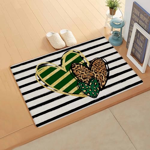 Golden Heart Kitchen Bath Door Mat Cushioned Runner Rug,Washable Welcome Floor Sink Antifatigue Mat,Waterproof & Non-Slip Comfort Standing Doormat,St. Patrick's Day Black Stripes Leopard Print 18
