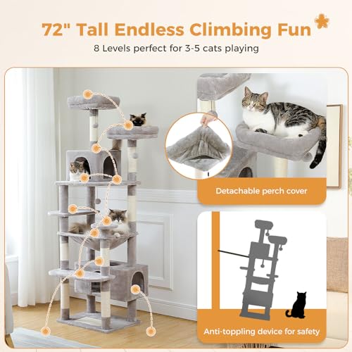 PAWZ Road Large 72 Inch Cat Tree and Tower for Indoor Cats - With Sisal-Covered Scratching Posts, Padded Perches, Condos, and Basket - Gray - Image 5