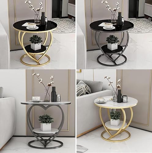 Image of Modern Round Side Table with Marble Finish Top & Metal Frame | Stylish Sofa Side Table with Bottom Shelf for Living Room, Bedroom & Office Decor (White Gold)