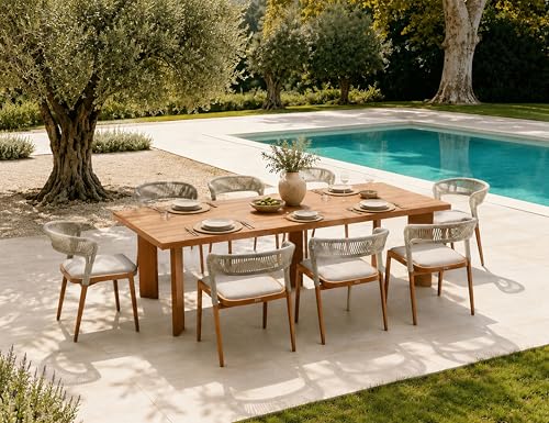 Image of PURPLE LEAF Outdoor Dining Set for 8 with Built-in Cushions Deep Teak