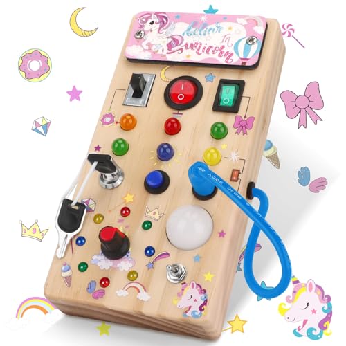 Image of Unicorn Wooden Busy Board Sensory Toys with 8 LED Light switches,Christmas Travel Toys Montessori Toys for 1 Year Old Babies Toodler