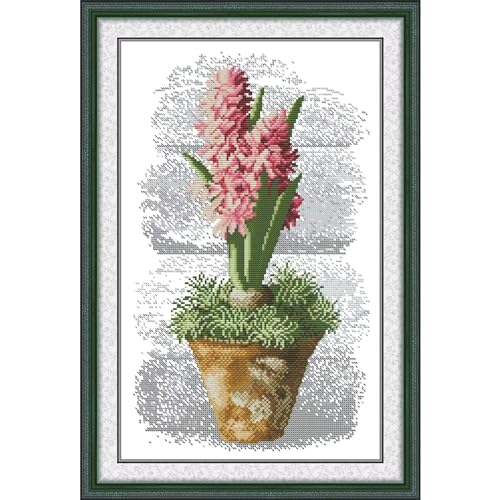 Image of Cross Stitch Kits for Adults Full Range of DIY Stamped Cross Stitch Kits Pink Hyacinth Pattern for Gift and Home Decor 14CT 2 Strands 12.2x18 inch