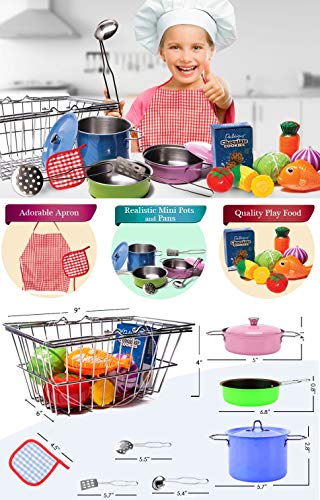 Stainless-steel Shopping Basket and Stainless Toy Kitchen Pots and Pans with Utensils - Beautiful Fish and Play Vegetables Toys - Apron - Pretend Play Grocery & Cooking For Toddlers Boys and Girls - Thumbnail 5