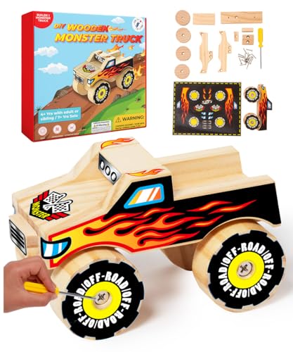 Little Jupiter DIY Wooden Kits w/Stickers - Kids Building Kit - Stem Toys for Ages 4-7 - Wood Crafts for Kids - Woodworking Kits (Monster Truck 1)