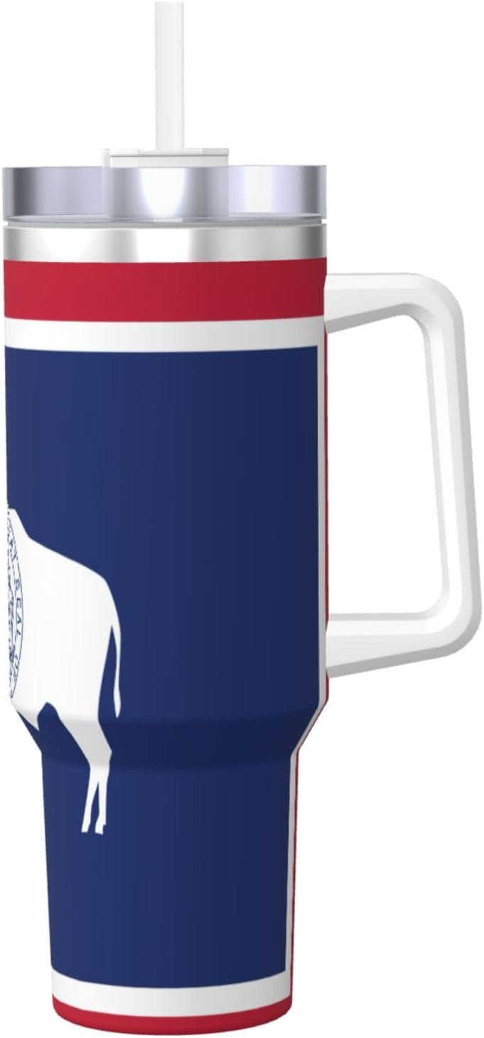 40 OZ Wyoming State Flag Print Ice Bully Cup with Handle Straw Lid Straw,Stainless Steel Tumbler Coffee Cup