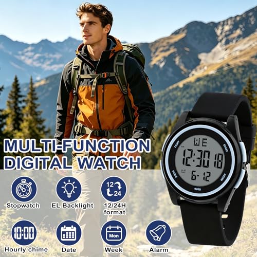 Image of Juboos Digital Watch Men Women 50M Waterproof Sports Military | Large Face Wirstwatch with Stopwatch, Alarm, LED Backlight, 12 /24H, Date, Week, Hourly Chime