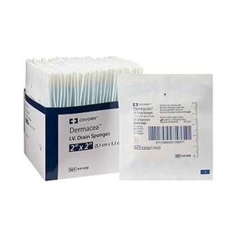 Covidien 441408 Dermacea I.V. Drain Sponges, 2" x 2" Size Pack of 70 | 6-Ply I.V Drain Split Sponge