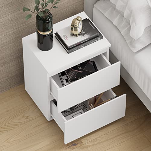 Image of Nightstand with 2 Drawers, Modern Bedroom End Table with No Handle, Wooden Bedside Storage Cabinet, White 15.7 inch W x 18.9 inch H