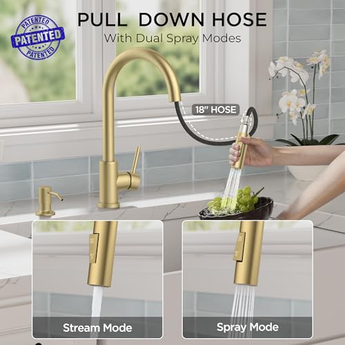 Image of FORIOUS Gold Kitchen Faucet with Pull Down Sprayer, Modern Single Hole Kitchen Sink Faucet with Soap Dispenser, Deck Plate, Single Handle, High Arc Stainless Steel for RV Bar Farmhouse Laundry