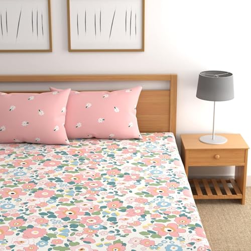 Image of Blue Strip 300 TC Cotton Feel Glace Cotton Elastic Fitted Printed King Size Double Bed Bedsheet with 2 Pillow Covers Fits Upto 9 inches,Size- 72x78x10 Inches
