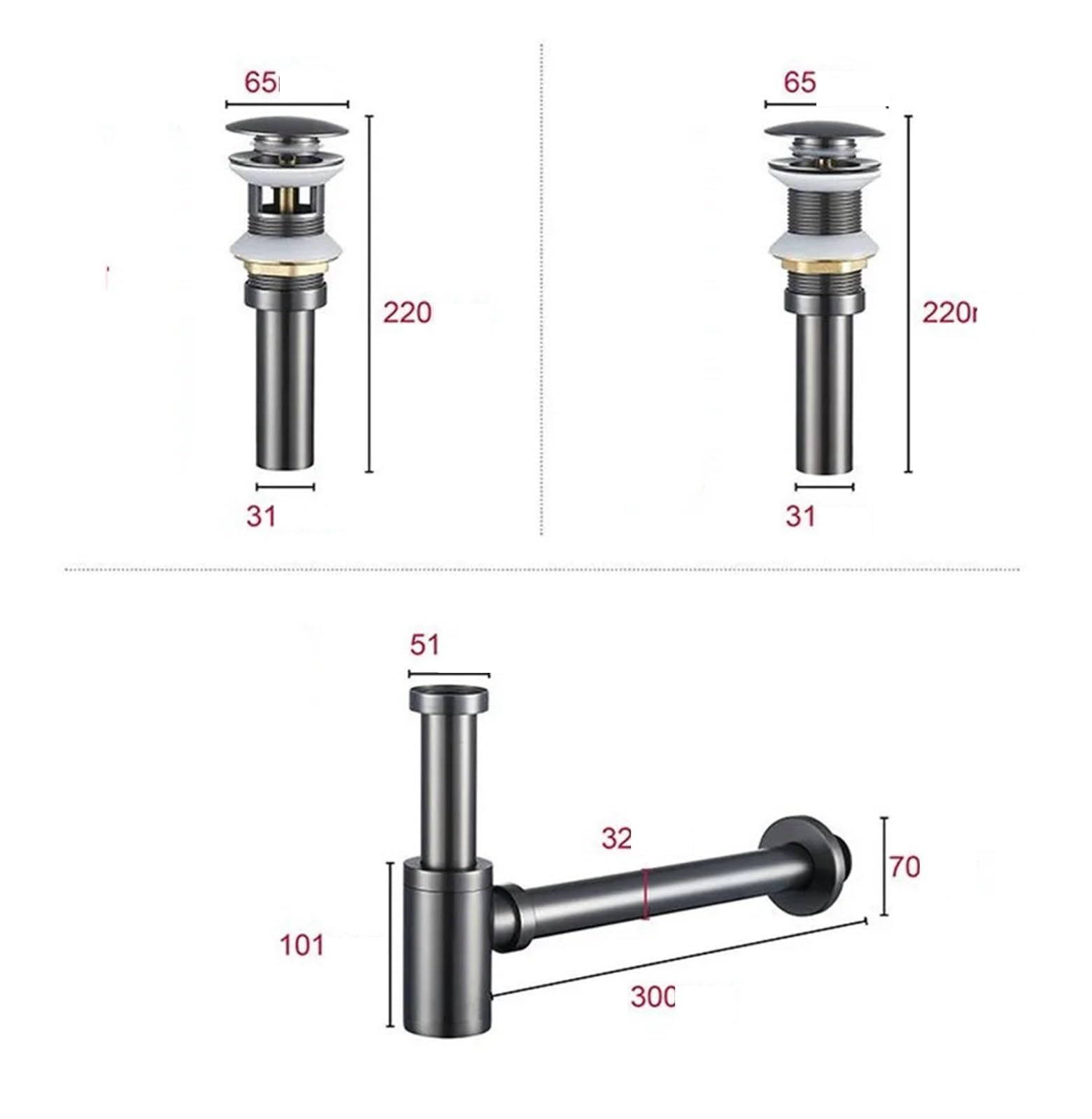 Ensemble de drains en or brossé, Siphon rond laiton, salle bains, vanité, tuyau lavabo, 1 pièce Pour Bain(Grey)