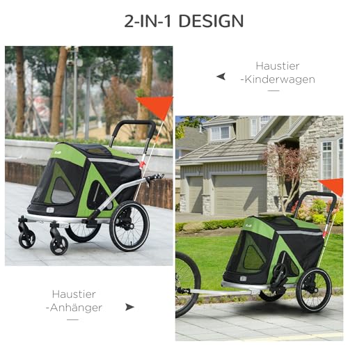 PawHut 2-in-1 Fahrradanhänger für Hunde Hundeanhänger Hundebuggy & Jogger mit Sicherheitsleine, Hundewagen mit Reflektoren Stoßdämpfer für Mittelgroße Hunde bis 20 kg, Oxford-Gewebe, Grün