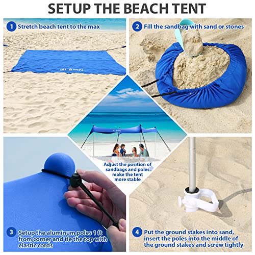 Image of RLAIRN Beach Canopy Tent Sun Shade, Portable Beach Sun Shelter UV Protection Beach Shade Easy Setup with Poles for Beach, Camping, Backyard, Picnics (Blue 7x7 Ft with Rope) (Deep Blue 10x10 FT)