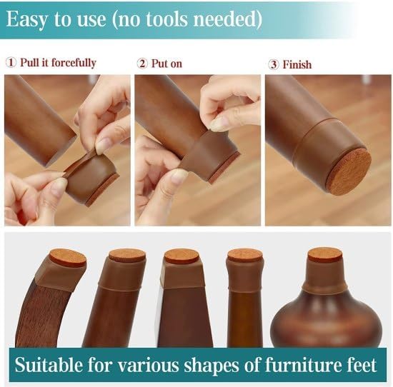 BLUE CRANE 4 Pcs Silicone Chair Leg Caps with Soft Felt Bottom Furniture Chair Leg Floor Protectors Free Moving Furniture Foot Protection Cover Prevents Scratches and Noise (Brown) 3