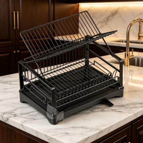 Escurridor de platos dos niveles de gran capacidad: organizador multifuncional blanco 3