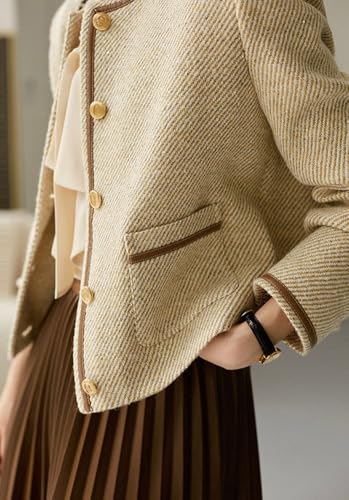 chouyatou Women's Vintage Striped Collarless Tweed Jacket Button Down Business Casual Cropped Blazer Jacket3