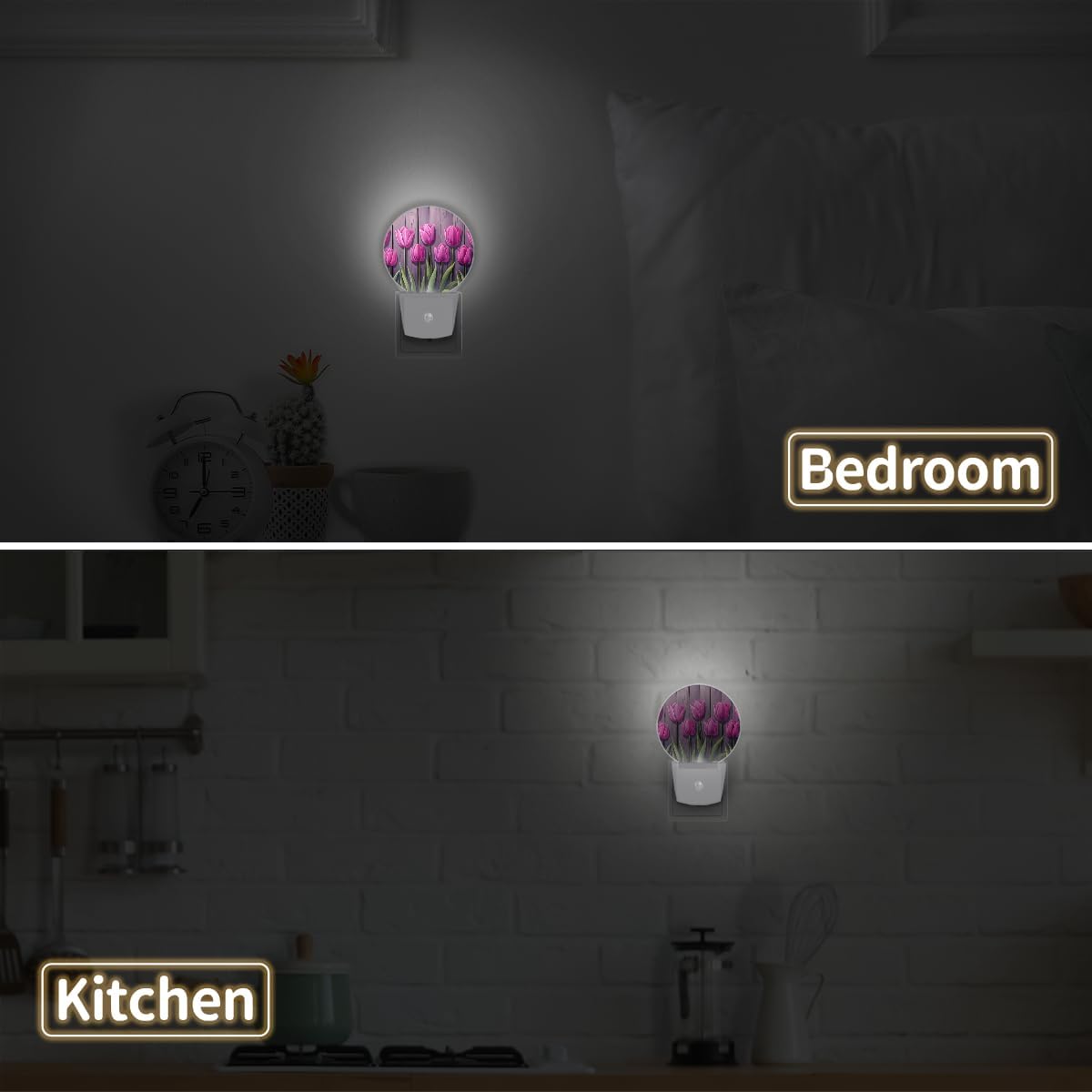 2PCS Plug in Night Light, Colorful Tulips Night Lights Plug Into Wall Warm Night Light Artistic Tulips Dusk to Dawn Sensor LED Lights for Stairway Bedroom Kitchen Hallway Room Decor
