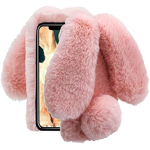 for iPhone Xr 6.1 inch Case, Aearl Rabbit Fur Ball Case,Luxury Cute 3D Homemade Diamond Winter Warm Soft Furry Fluffy Fuzzy Bunny Ear Plush Pink Phone Case Cover for Girls Women Cover