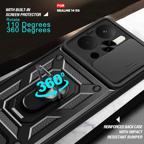 Image of Luxe Back Cover for Realme 14 5G | D10 Tough Armor | Sliding Camera Shield | 360 Protection | Kickstand Ring Holder | Military-Grade Shockproof Bumper